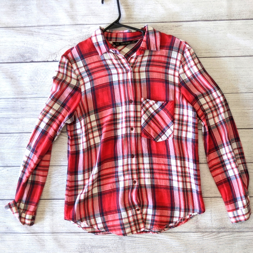 Zara Basic Plaid Button Down Shirt Red - image 1
